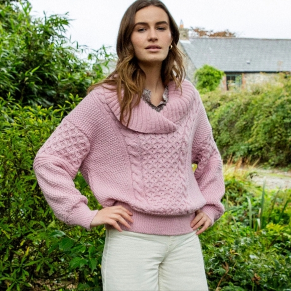 Ireland's Aster Shawl Collar Oversized Cozy Pink Cable Knit Sweater Pastel Pink - Picture 1 of 11